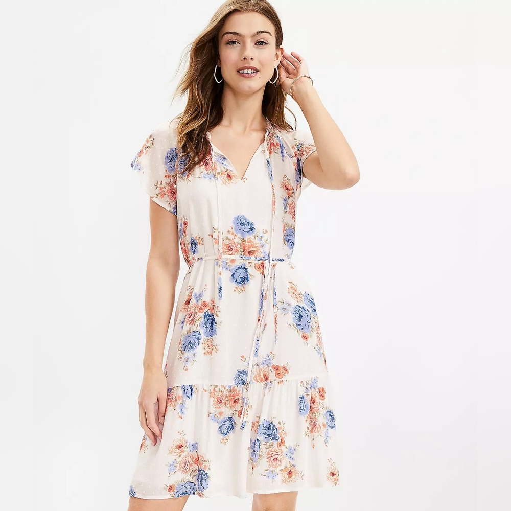 Loft Floral Flutter Tie Neck Dress